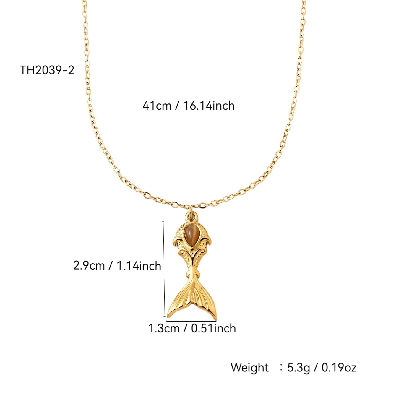 Gold necklace with mermaid tail pendant and measurements on a white background
