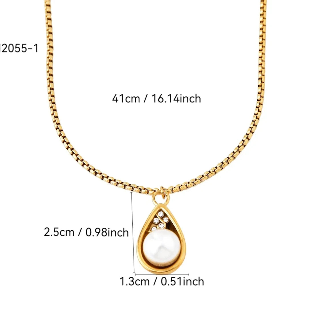 Gold necklace with teardrop pendant and measurements on a white background